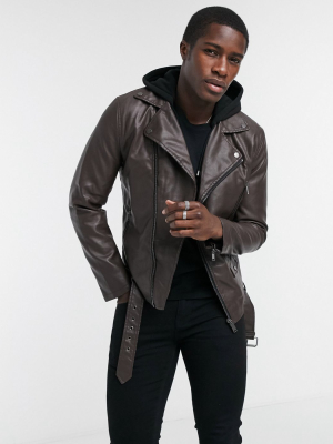 River Island Pu Biker In Brown