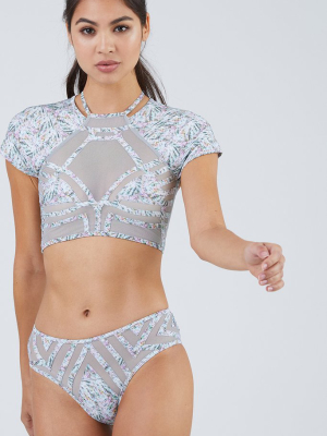 Desert Midnight Mesh Short Sleeve Bikini Top - Abalone Grey Abstract Print