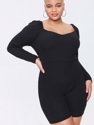 Plus Size Shirred Rib-knit Romper