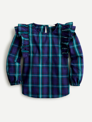 Girls' Ruffle-trim Blouse In Black Watch Plaid