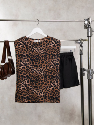 Asos Design Shoulder Pad Sleeveless T-shirt In Animal Print