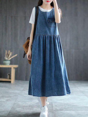 Plus Size - Denim Pleated Long Sleeveless Pinafore Dress