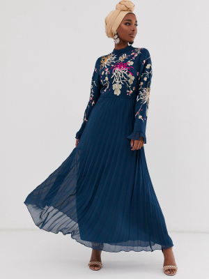 Asos Design Embroidered Pleated Maxi Dress With Fluted Sleeve In Navy