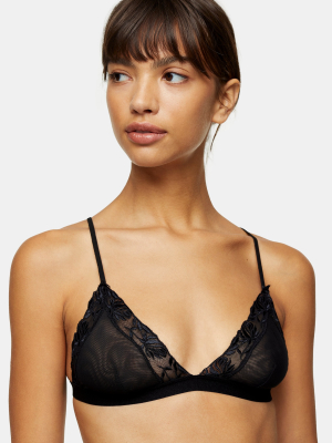 Black Embroidered Mesh Triangle Bra