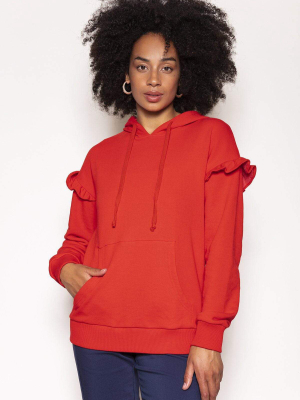 Frill Sleeve Hoody In Red