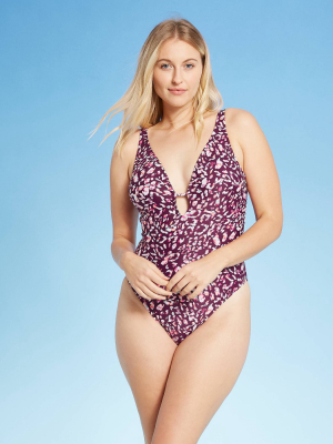 Women's Plunge Front One Piece Swimsuit - Shade & Shore™ Boysenberry Animal Print