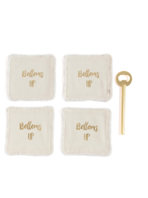 "bottoms Up" Set Of Four Coasters And Bottle Opener Gift Set - Off-white - Shiraleah