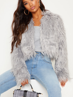 Liddie Grey Faux Fur Shaggy Cropped Jacket