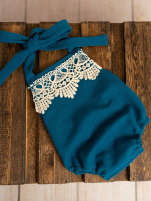 Bohemian Stitch Romper With Lace - Textured - Teal