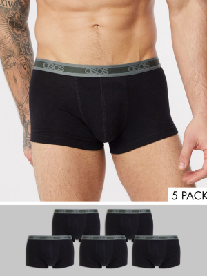 Asos Design 5 Pack Short Trunk In Black With Branded Waistband