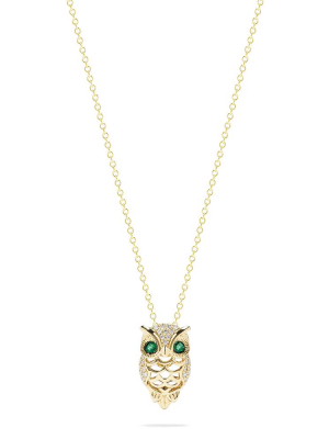 Effy Safari 14k Yellow Gold Emerald And Diamond Owl Pendant, 0.18 Tcw