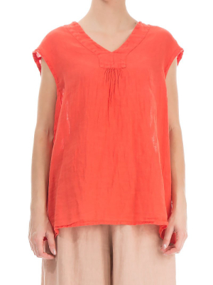 V-neck Coral Linen Blouse