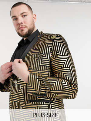 Twisted Tailor Plus Suit Jacket With Satin Lapel With Gold Geo Foil In Black Velvet