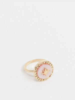 Asos Design Ring With Rose Quantz Stone And Star Detail In Gold Tone