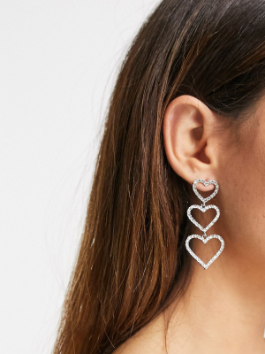 Asos Design Earrings With Crystal Heart Drop In Silver Tone