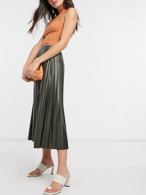 Asos Design Leather Look Pleated Midi Skirt In Khaki