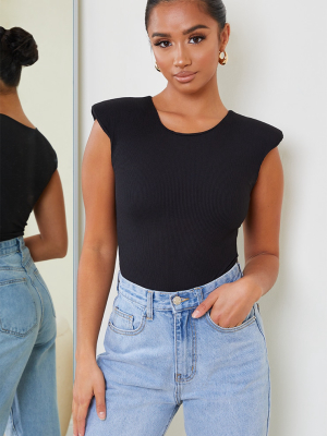 Petite Black Ribbed Shoulder Pad Bodysuit