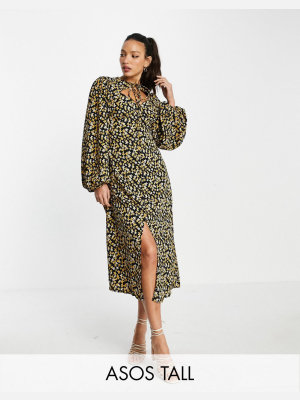 Asos Design Tall Midi Dress With Neck Tie In Dark Based Floral Print