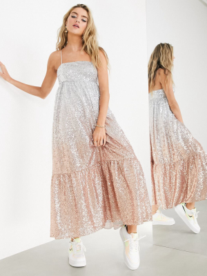 Asos Edition Tiered Cami Midi Dress In Silver Ombre Sequin