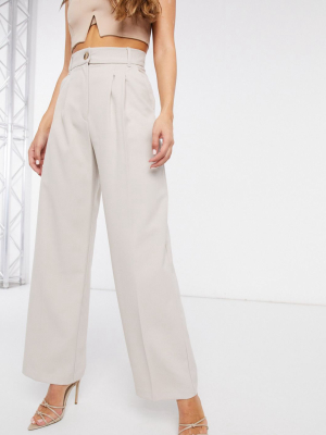 River Island Pleated Wide Leg Pants In Gray