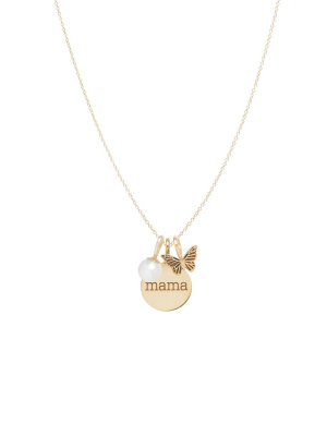 14k Gold Mama Disc Charm Necklace With Butterfly And Pearl