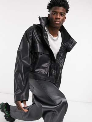 Asos Design Faux Leather Track Jacket In Black