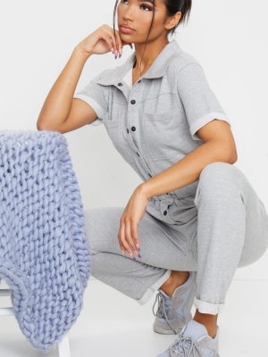 Grey Short Sleeve Shirt Detail Sweat Jumpsuit