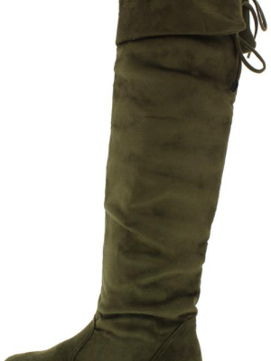 Tammy58 Olive Almond Toe Slouch Fold Over Lace Up Boot