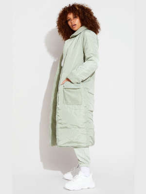 Sage Green Borg Reversible Nylon Maxi Coat