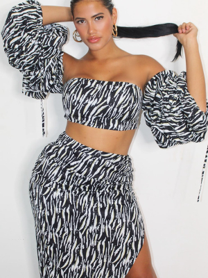 Shape Black Zebra Print Ruched Sleeve Crop Top