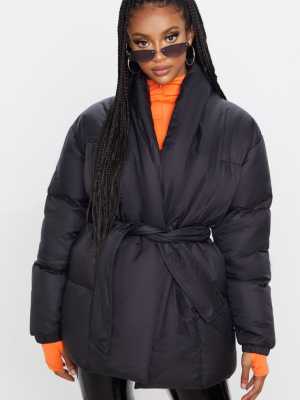 Black Collar Tie Waist Puffer Coat