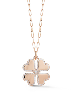 Dora 18k Rose Gold And Diamond Border Large Clover Charm