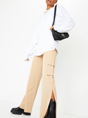 Stone Pinstripe Wide Leg Pocket Detail Pants