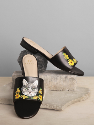 Cat Floral Black Slide