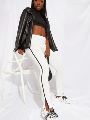 Tall White Sports Stripe Ribbed Split Hem Leggings