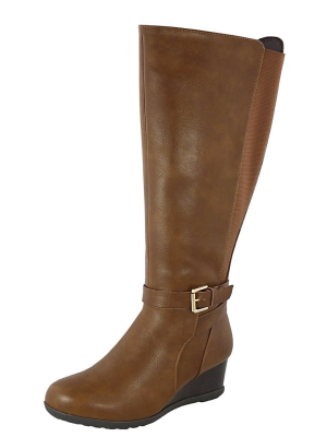 Celine1 Tan Knee High Side Buckle Wedge Boot