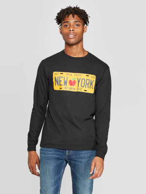 Men's Long Sleeve Crewneck License Plate Graphic T-shirt - Modern Lux Black