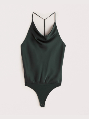 Satin Cowlneck T-strap Back Bodysuit