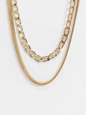 Asos Design Multirow Necklace With Crystal Set Curb And Thick Snake Chain In Gold Tone