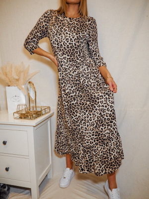 Hallie Midi Smock Long Sleeve Dress / Animal Leopard Print