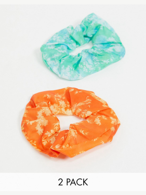 Asos Design Pack Of 2 Large Scrunchies In Green And Rust Nature Prints