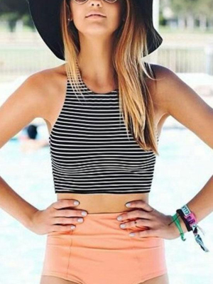 Striped Mid Waisted Racerback Crop Bikini Swimsuit - Two Piece Set