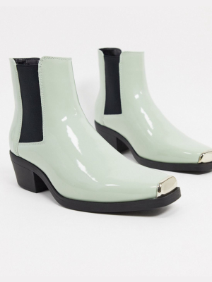 Asos Design Cuban Heel Western Chelsea Boot In Pastel Green Patent Faux Leather With Square Toe With Metal Cap