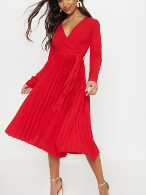 Red Long Sleeve Pleated Midi Dress