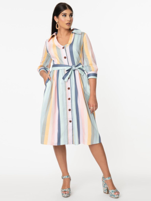 Collectif Rainbow Pastel Carnival Stripe Lauren Midi Dress