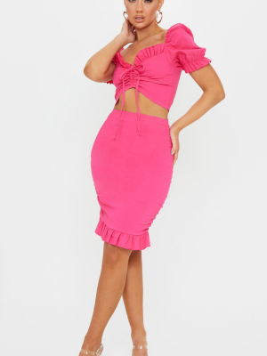 Hot Pink Woven Stretch Ruched Side Frill Hem...