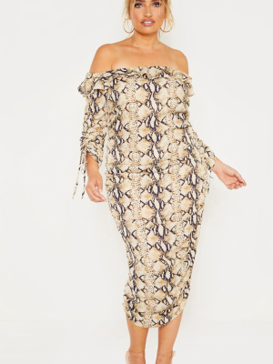 Plus Taupe Snake Print Ruched Side Bardot Dress