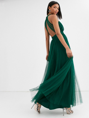 Asos Design Halter Cross Over Front Tulle Maxi Dress In Forest Green