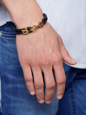 Men's Black Leather Bracelet With Gold Bali Clasp Lock
