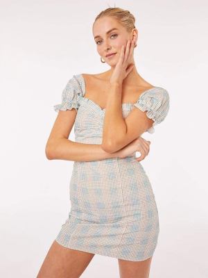 Blue Check Bardot Ruffle Mini Dress